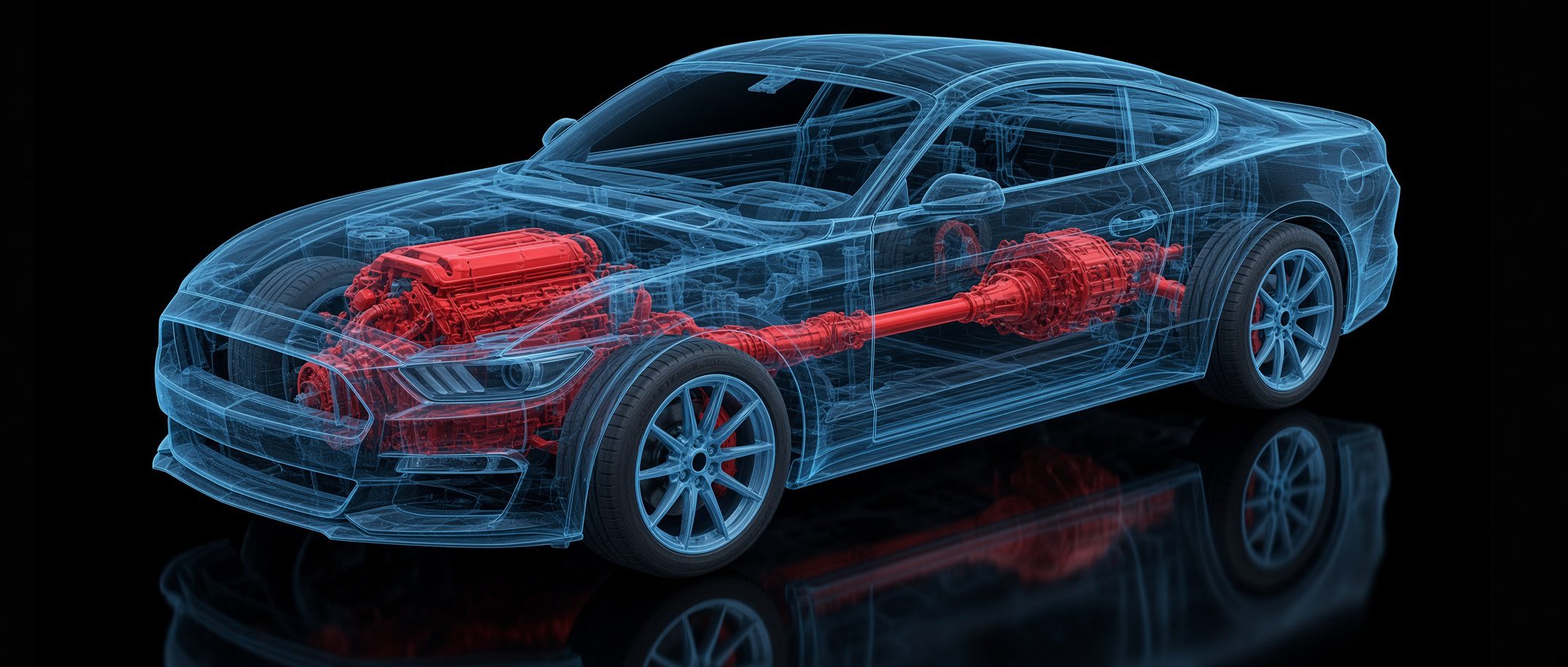 Transparent electric car showing drivetrain components
